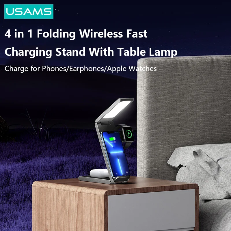 USAMS 3 in 1 Foldable Wireless Charger Holder With Table Lamp for iPhone Airpods Watch Qi 15W Fast Charging Station Phone Stand