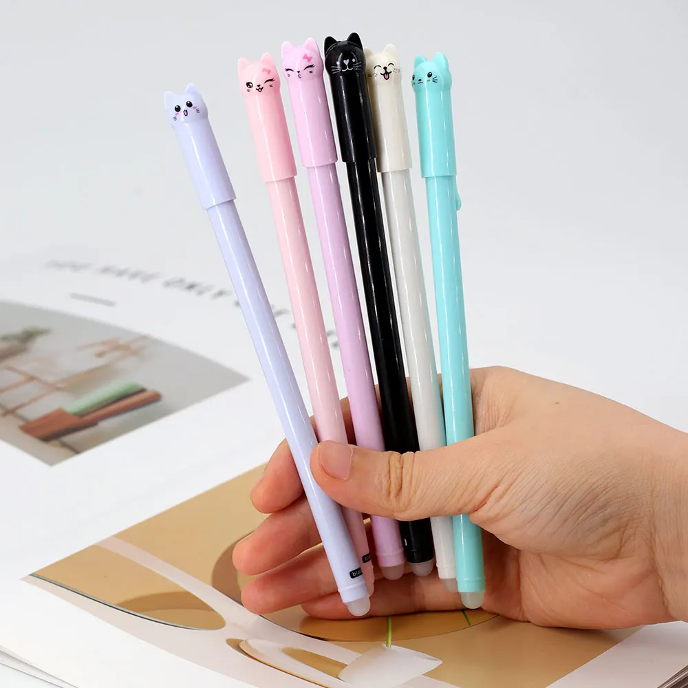 6/12 шт./компл., 0,5 мм, новый креативный набор стираемых гелевых ручек для кошек, моющаяся ручка, гладкое письмо, черный, синий, волшебный стираемый стержень для заправки