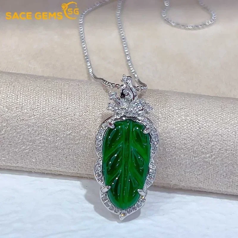 

SACE GEMS S925 Sterling Silver Certified 9*17MM Natual Jade Pendant Necklaces for Womne Engagement Cocktail Party Fine Jewelry