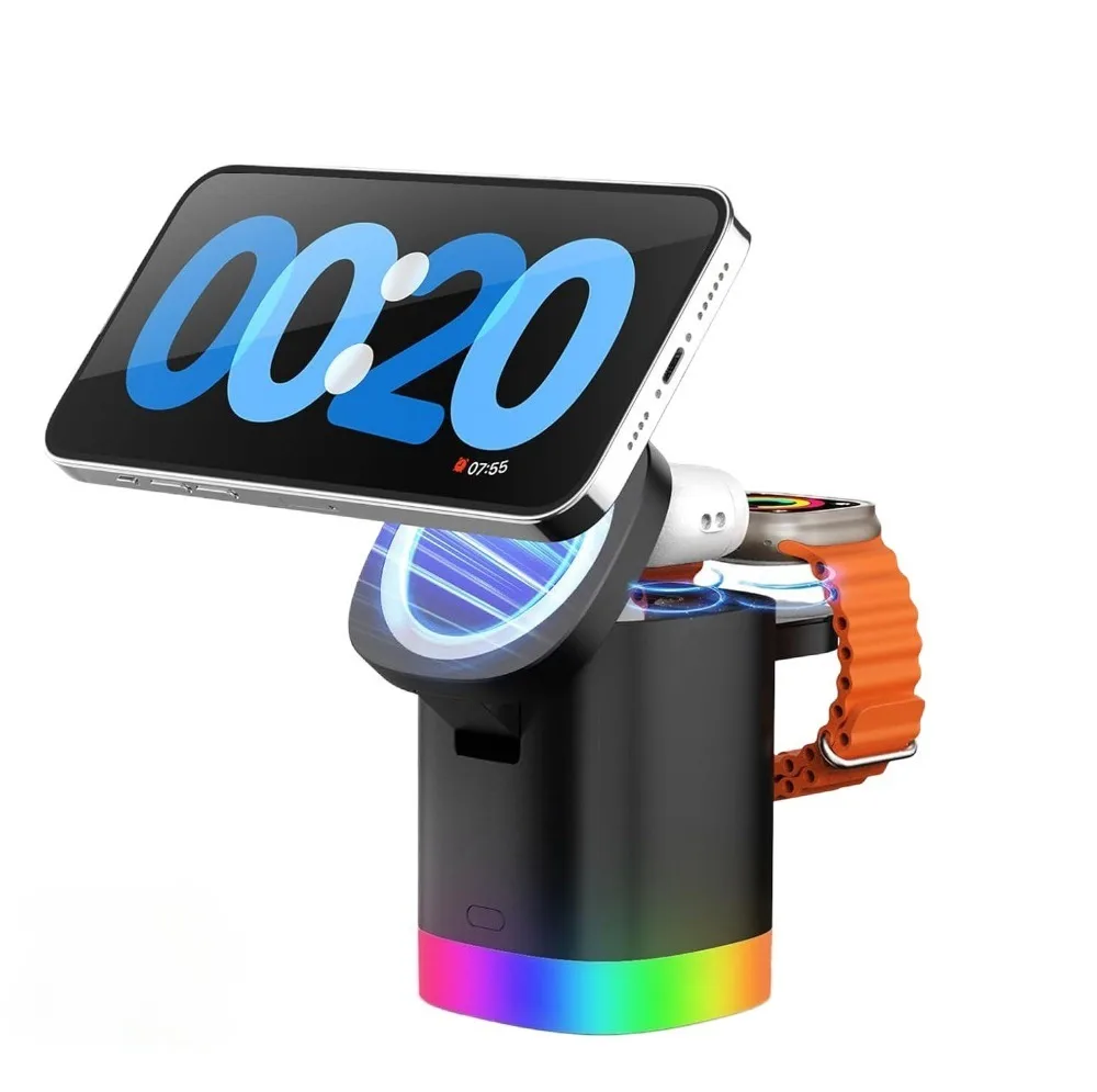 3 in1 Magnetic Wireless Charger For Magsafe iPhone 18 17 16 15 14 13 12 Apple Watch 11-2 Airpods Fast Charging RGB Night Light