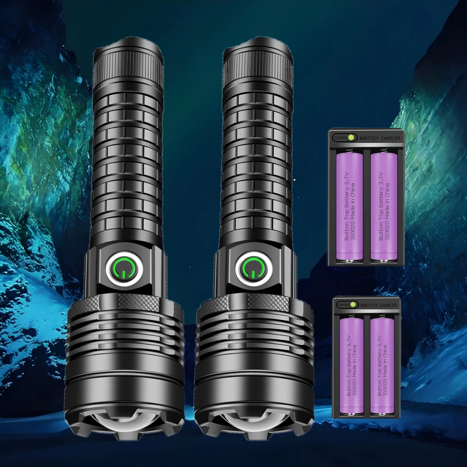 Skyewolfeye 2pcs Zoomable  USB Rechargeable LED Flashlight USB XHP60 Torch Super Bright Lamp with Double Slot Battery Charger