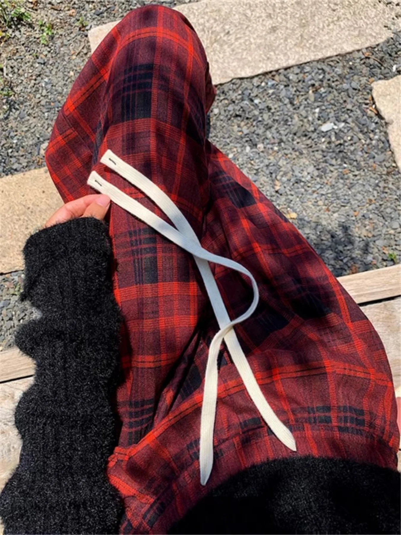 American Retro Color-Block Plaid Sweatpants for Women, New Autumn and Winter Loose Casual Versatile High-Waisted Slimming Wide-Leg Pants for Women