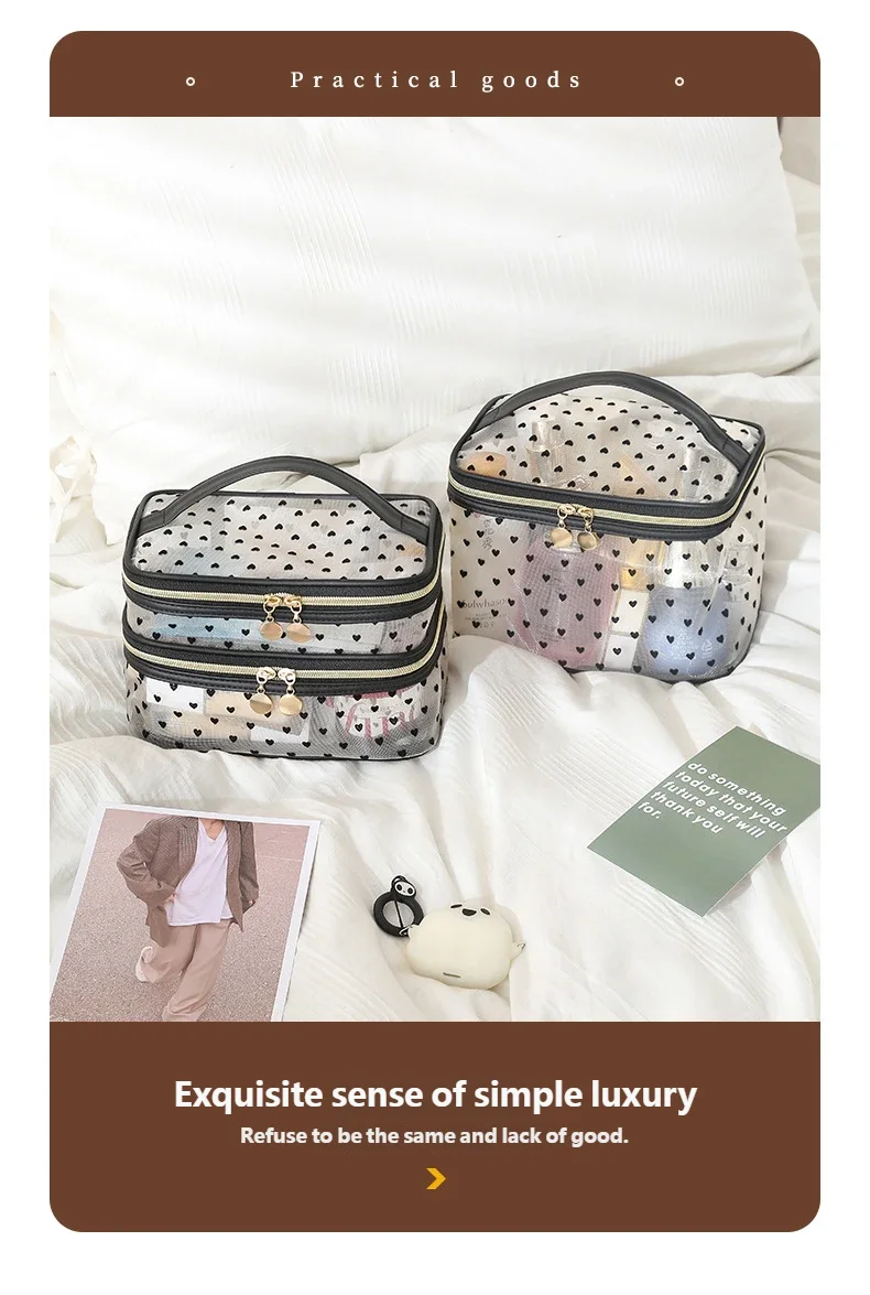 Doppels ch ichten schwarze Mesh Kosmetik tasche Reise tragbare große Kapazität Make-up Fall Organizer Aufbewahrung beutel Reiß verschluss Kultur beutel – Detail 3
