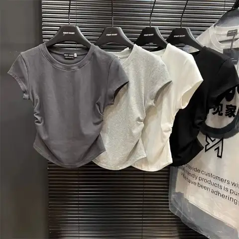 Trendy Solid Color Summer Short Sleeves Round Neck Spice Girl Slim Fit T-shirt Pleated Top for Women Girl