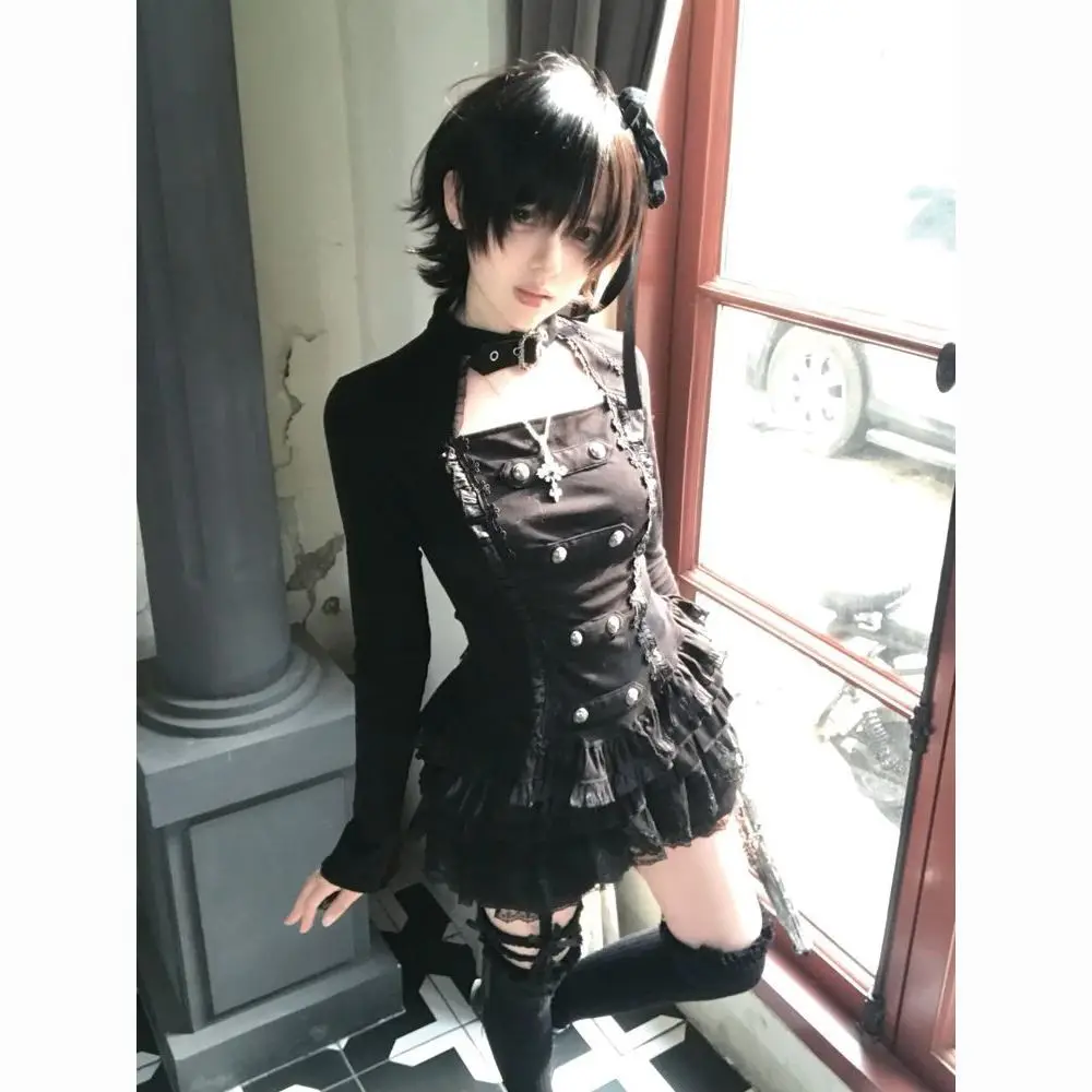 Coalfell Japanese Subculture Dark Gothic Sweet Cool Style Hollow Wooden Ear Top + Black Skirt Two Piece Sets Womens Outifits