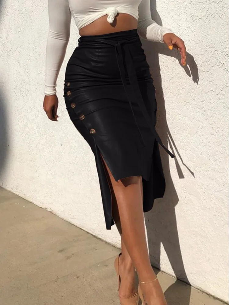 2026 Women's Spring Summer Bodycon A-line High Waist Skirt PU Leather Skirt Female Lace Up Streetwear Office Lady Faldas
