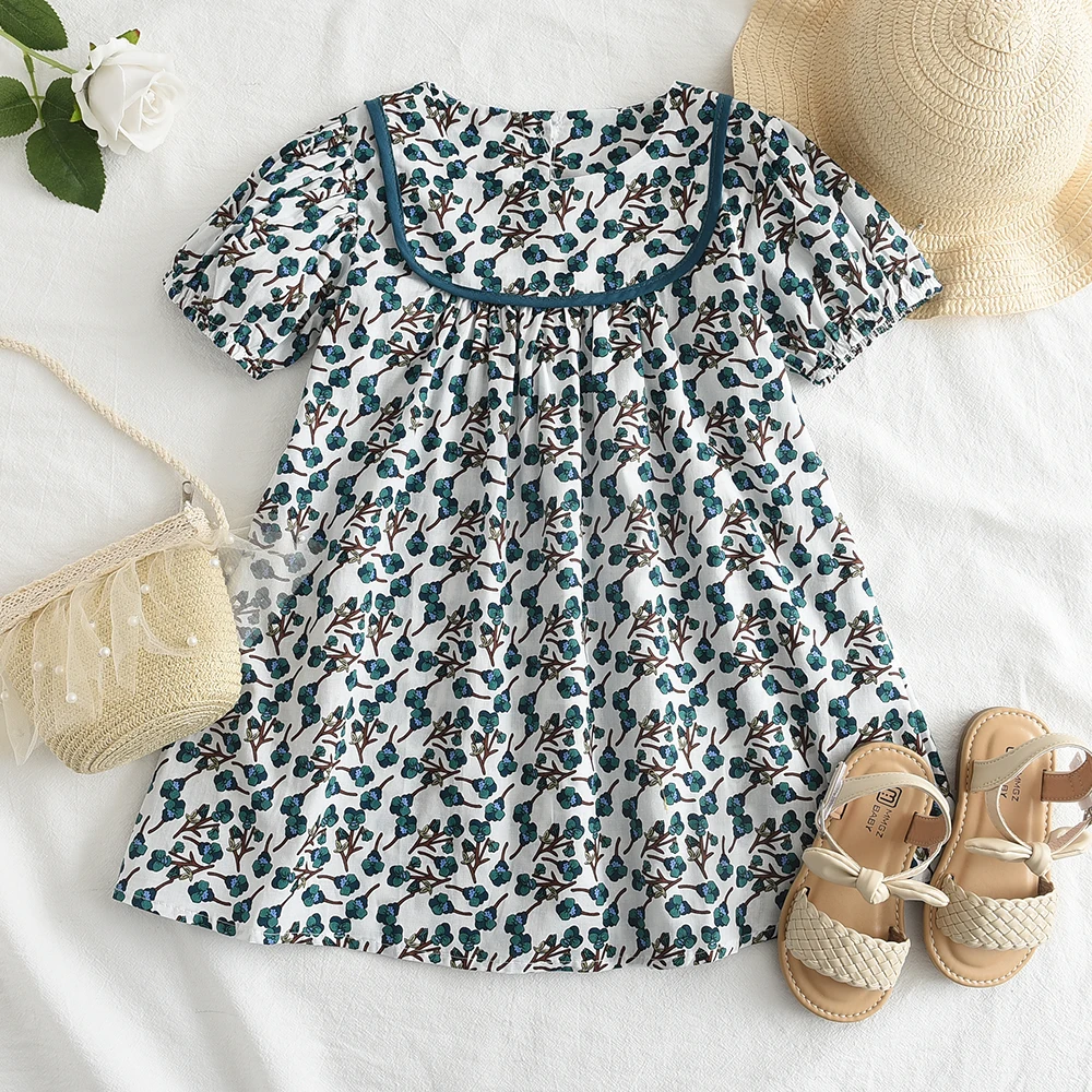 Girls Summer New Fashion Puff Sleeve Print Princess Dress 1 Pc Kids Retro Floral Cute Casual Clothes 2-7 Years