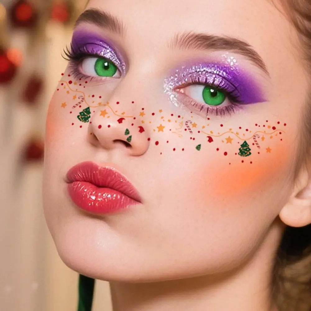 6 قطع من ملصقات النمش المزيفة الكرتونية للنساء، وشم مؤقت لامع لعيد الميلاد المقاوم للماء لمهرجان مكياج الوجه ﻿ حفلة ﻿