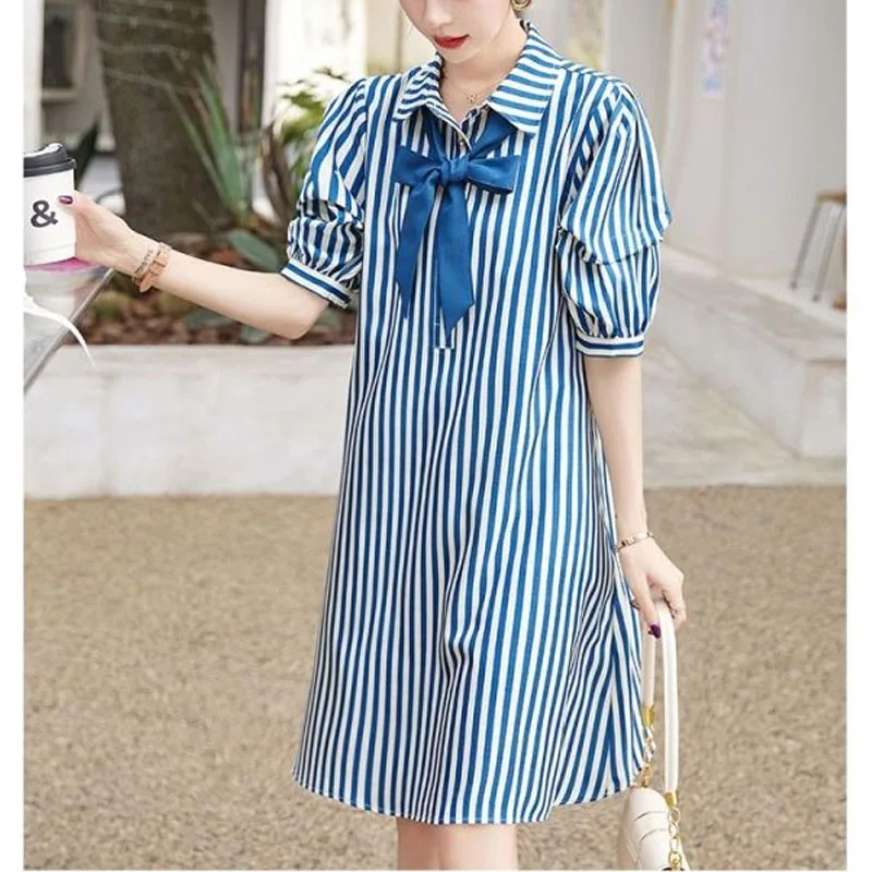 Commuter Minimalist Summer New Women's Square Collar Button Striped Elegant Trendy Slim Comfortable Half Sleeve Lacing Dress