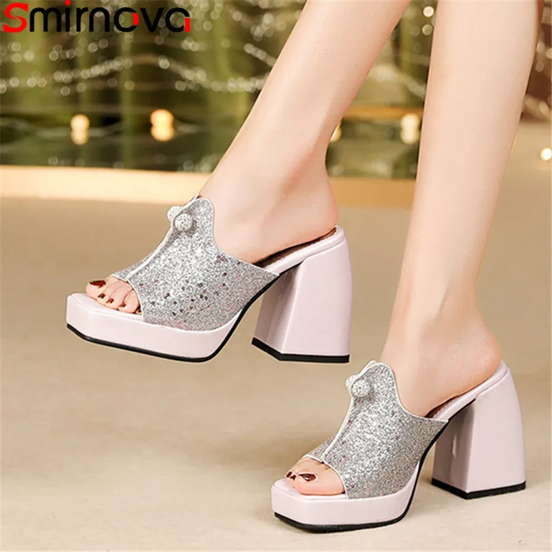 

Smirnova 2022 Size 35-43 New Unique Pu Women Sandals Square Super High Heels Platform Shoes Ladies Slip On Summer Dress Shoes