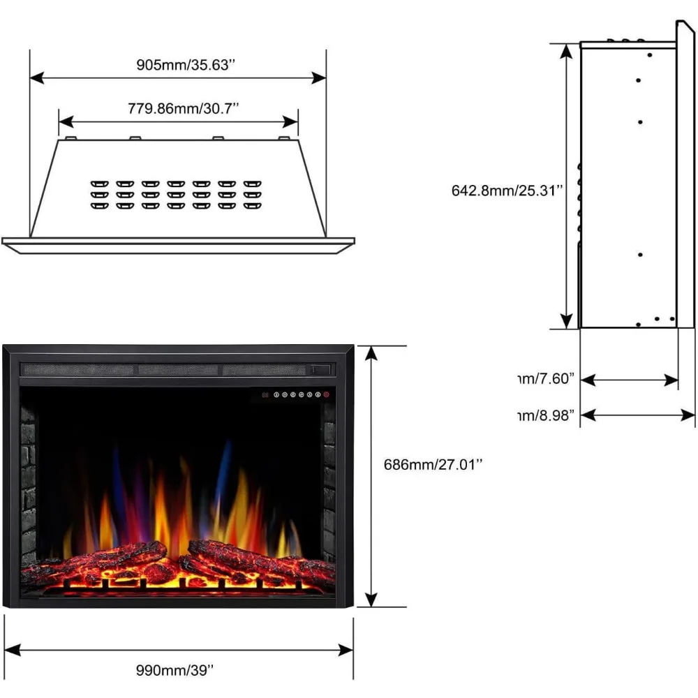 39 مدفأة كهربائية، 5 ألوان لهب قابلة للتعديل، 12 لونًا سجلًا، 5 سرعات سطوع لهب، جهاز تحكم عن بعد، مؤقت، إعلان