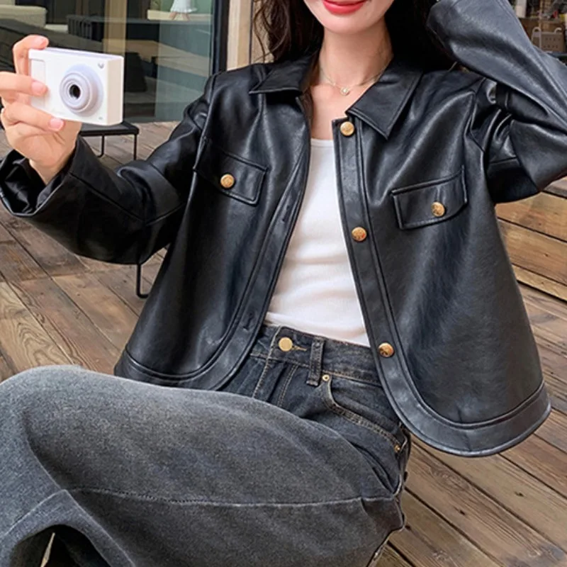 Bla Vita alta ort Pelle Jaet Capispalla da donna 2025 Nuovo Sle Retro Taglia Cappotto in pelle PU Ele Sensation