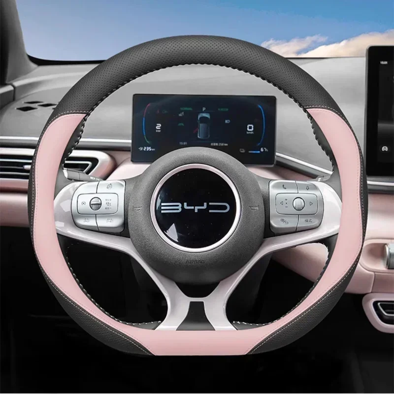 For BYD Dolphin Seagull Seal Qin Song Han Steering Wheel Cover Leather Handle Non-slip 38cm Type D  Anti-sweat Car Accessories