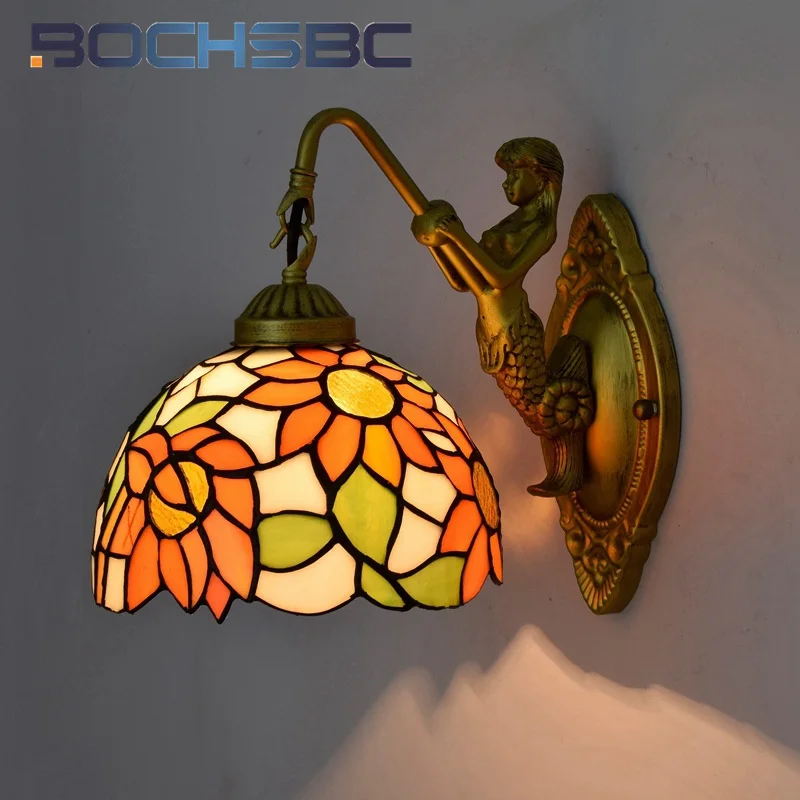 

BOCHSBC Tiffany style stained glass 8inch retro pastoral Sunflower Mermaid wall lamp Dining room bedroom aisle balcony LED decor