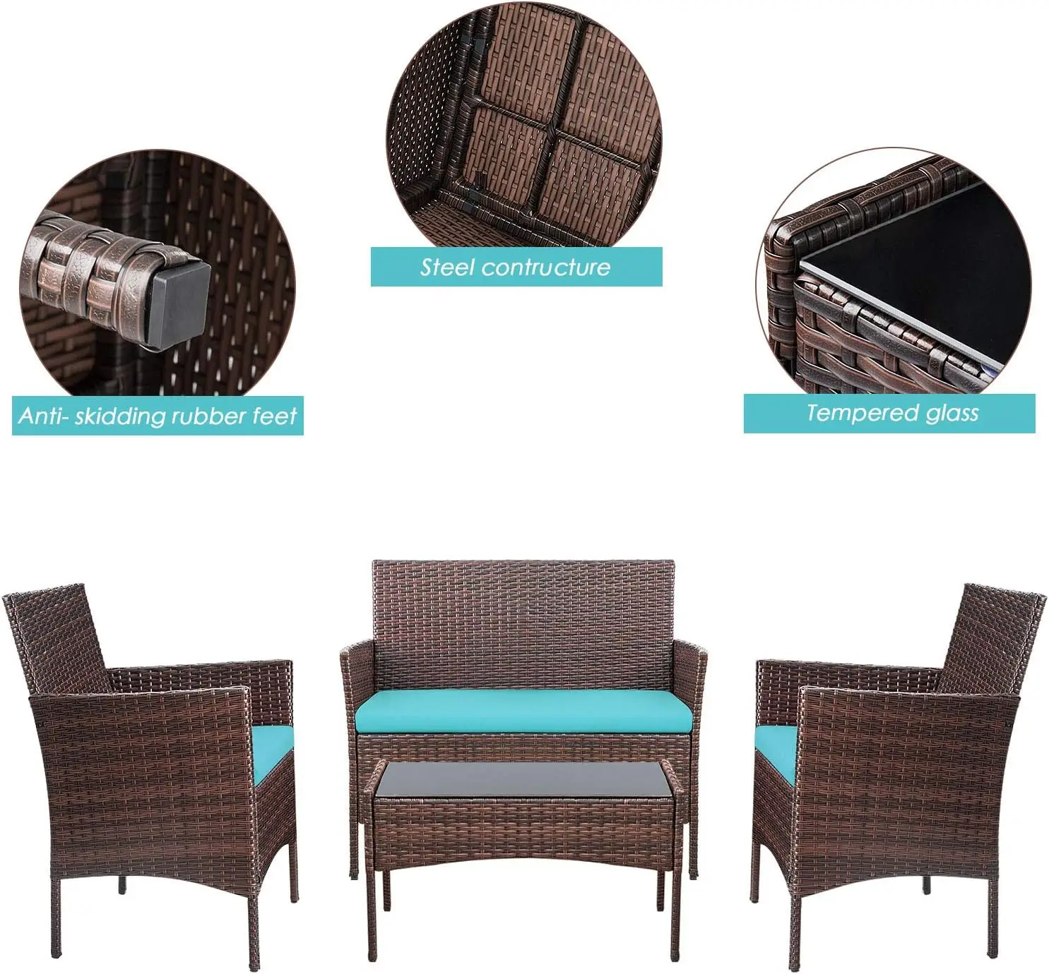 Pátio Rattan Wicker Chair Set, uso exterior e interior, varanda do quintal e mobiliário de jardim, piscina e varanda, 4 PCs
