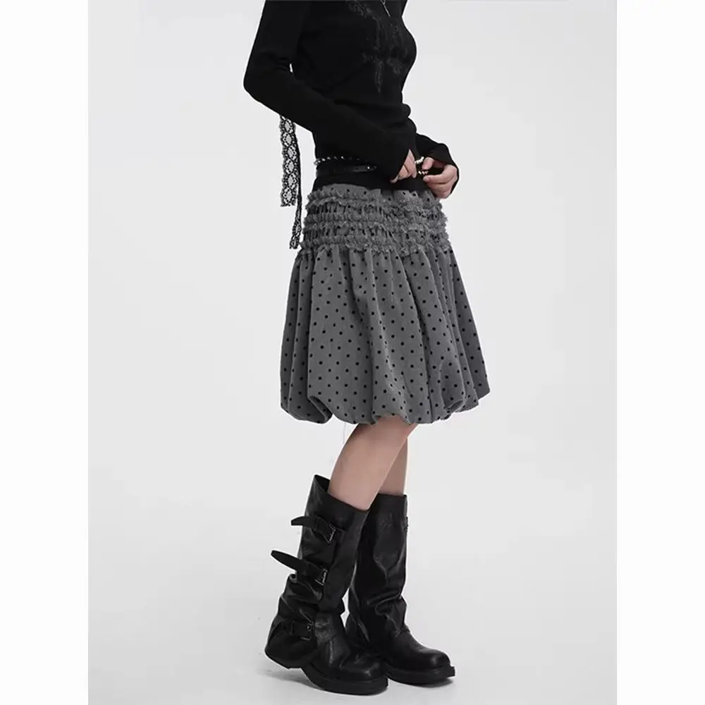 Korean Style Faldas Largas Юбка Юбки Vintage Jupe Women Japanese Retro Gray Polka Dot Skirt Harajuku New Chic