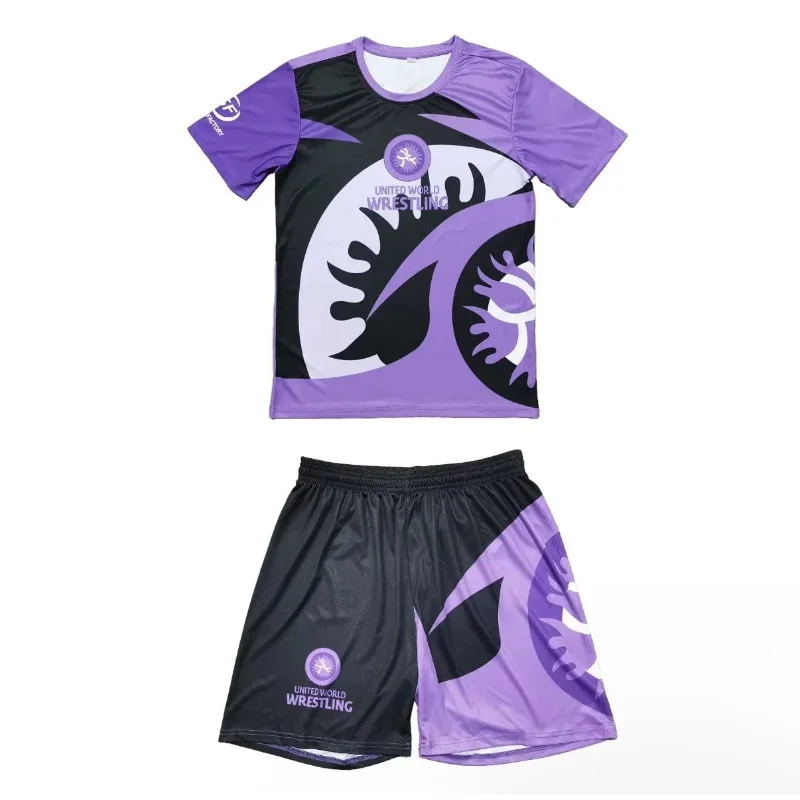2026 New Men World Wrestling Team Sportswear Set Short Sleeve T Shirt and Shorts for Workout Lightweight Moisture Wicking view 2