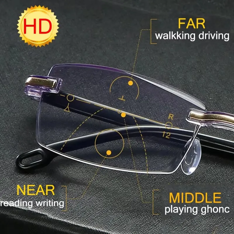 5 Pcs Frameless Cutting Multi-focus Bifocal Reading Glasses Unisex far Near Dual-use Anti-blue light Hyperopia Eyeglasses1.0-4.0