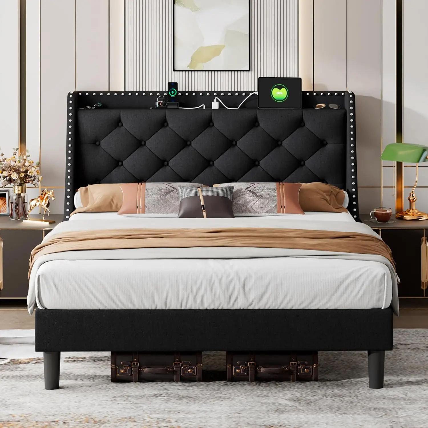 Upholstered Platform Bed Frame Wingback Charging Station Tufted Storage Headboard Wood Slats No Box Spring, Customized