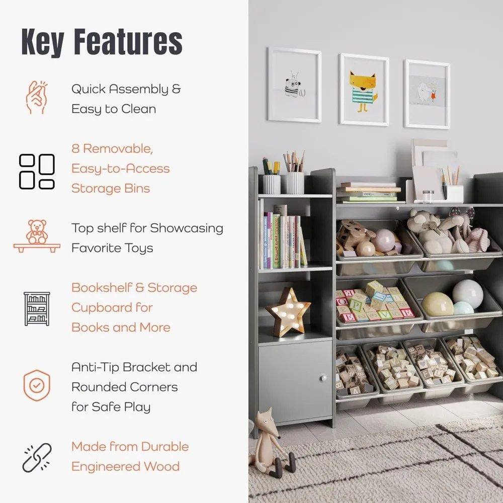 منظم تخزين ألعاب الأطفال مع رف وصناديق رمادية - حل مثالي