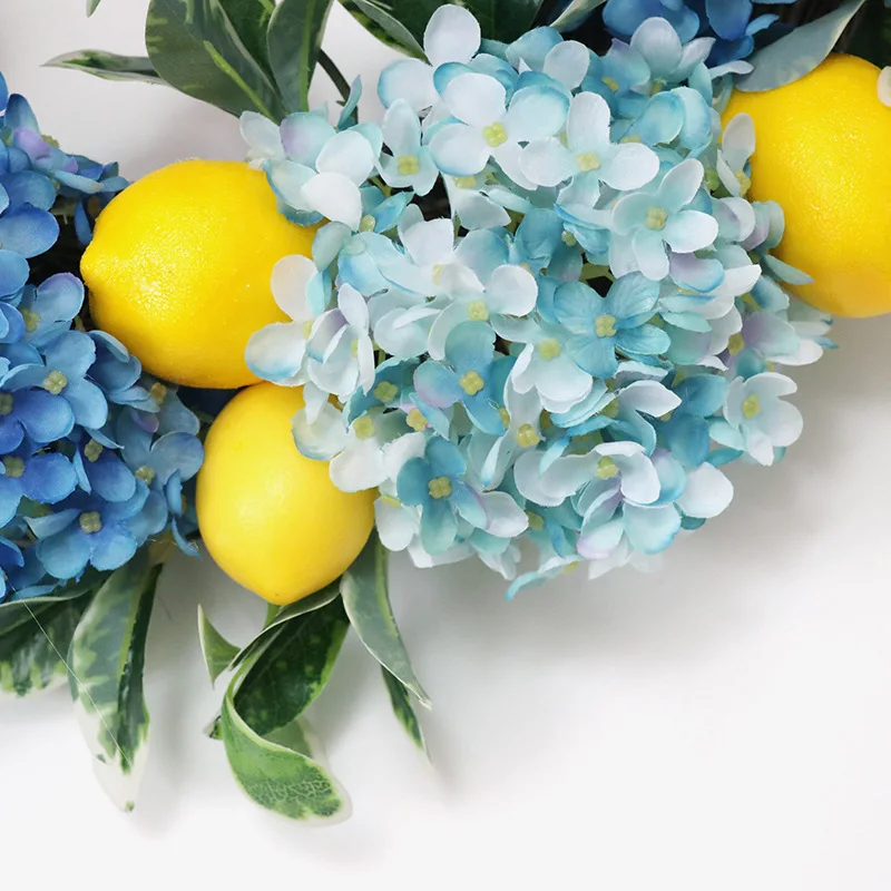 Summer Lemon Wreath Hydrangea Wreath for Front Door Fruit Wreath with Yellow Lemon Fake Flowers for Home Wall Window Decoration