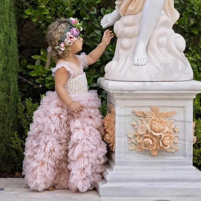 Luxury Pink Pearls Little Princess Flower Girl Dress Baby Kids Wedding Party Costumes First Comumnion Dress Vestido De Comunion