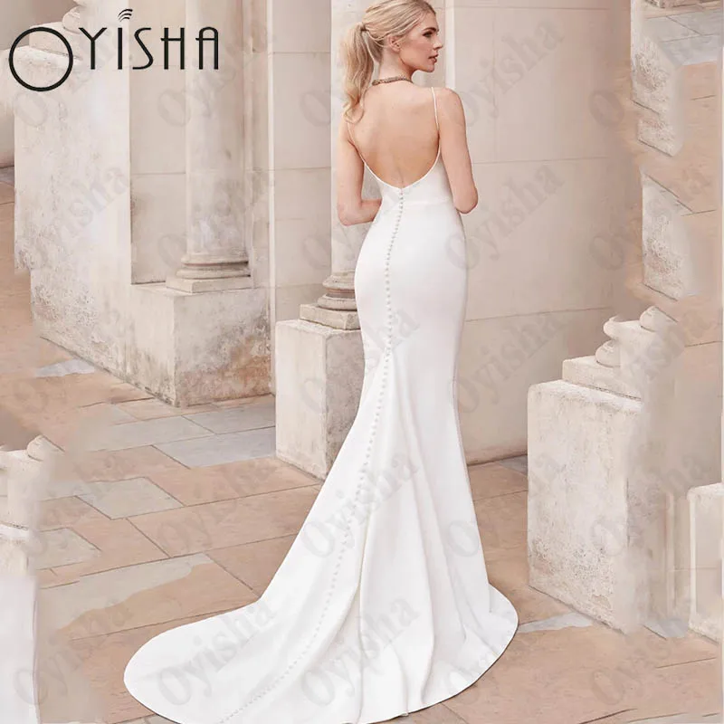 Oyisha Modern V-Neck Sleeveless Wedding Dress For Women Simple Backless Mermaid Bride Gowns Button Satin Robe Mariée Custom Made