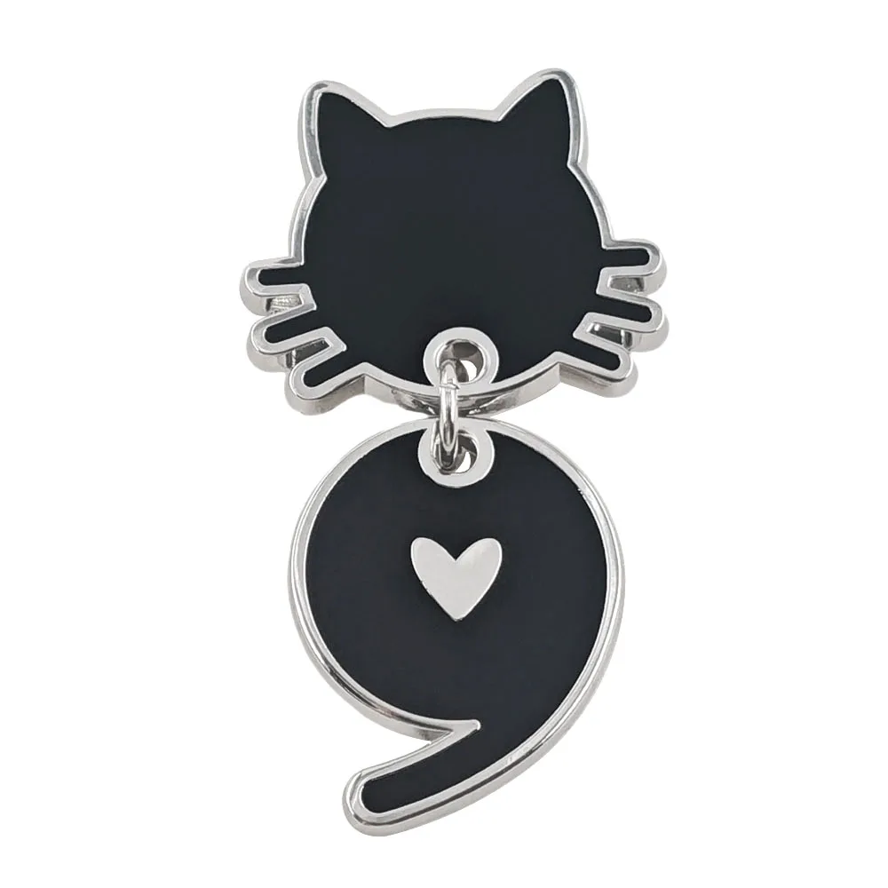 Cute Black Cat Enamel Pin Semicolon Heart Dangle Brooch Mental Health Awareness Tassel Metal Badge Animal Lapel Pin Jewelry Gift