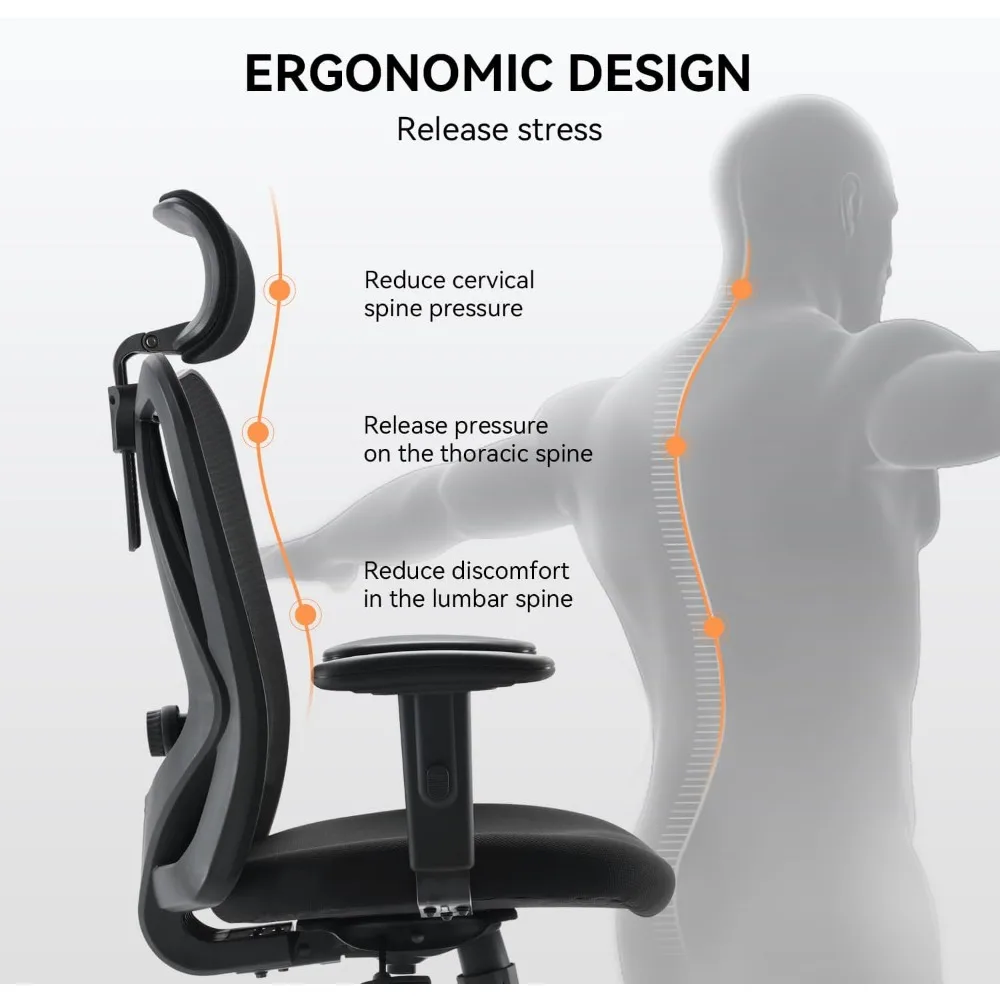 Ergonomic Office Chair with Mesh Back, Adjustable Lumbar Support, Padded Seat, PU Armrests, and Headrest