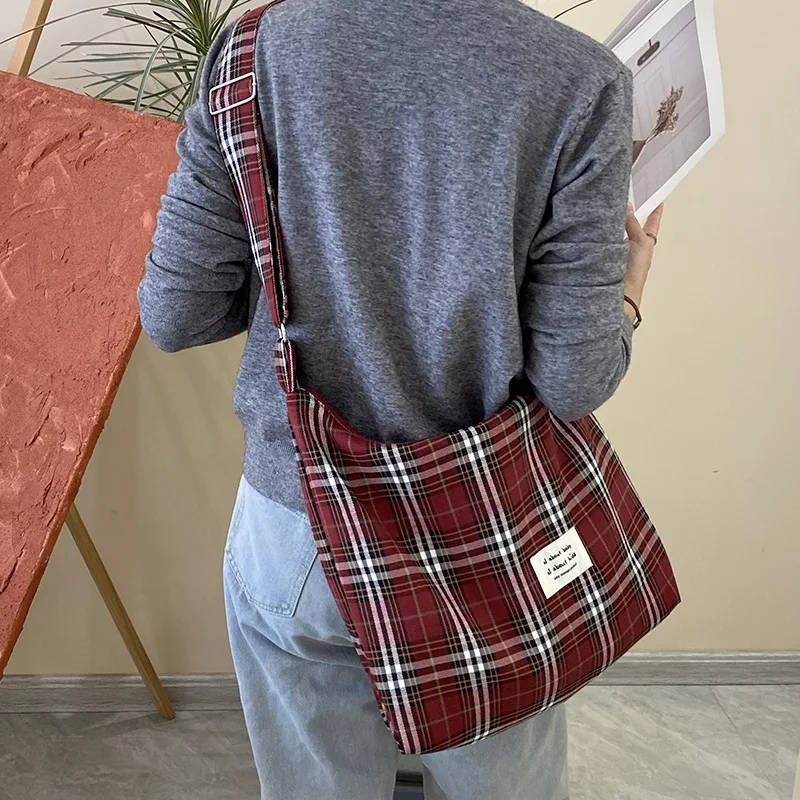 Damska torba na ramię o dużej pojemności Retro wzór w kratę kobiece torby typu Crossbody Casual College Girls Book Tote torebki podróżne