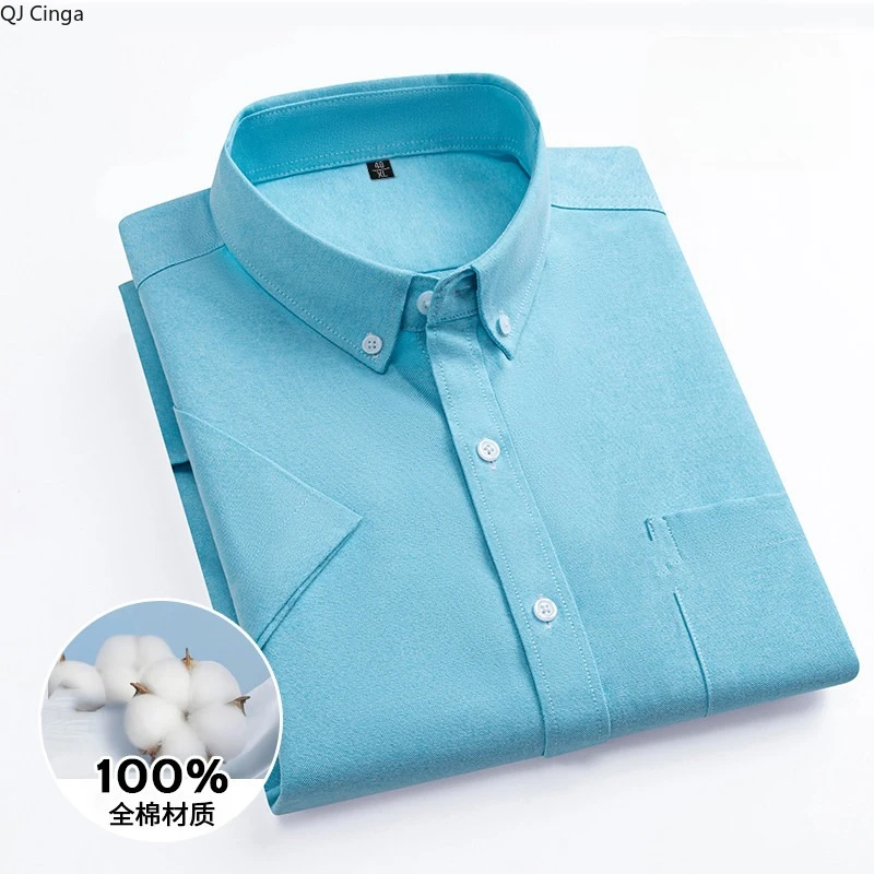 

Синие мужские хлопковые рубашки с короткими рукавами, однобортная рубашка из ткани Оксфорд с острым воротником, азиатские размеры M-5XL. Белый, Серый, Красный