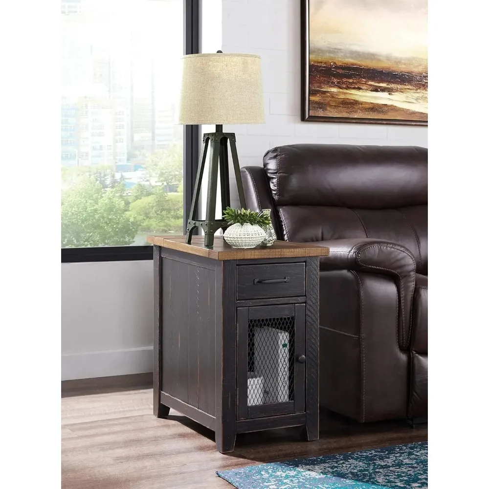 Martin Svensson Home Chairside Table - Antique Black and Honey - Rustic Style - with One Drawer and Cabinet for Storage