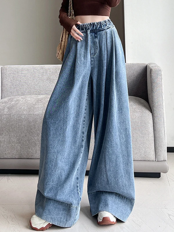 بنطلون جينز واسع الساقين للنساء - تنورة طويلة بخصر مرتفع - ستايل كاجوال - قماش دينيم أزرق - تأثير نحت الجسم - ربيع 2025