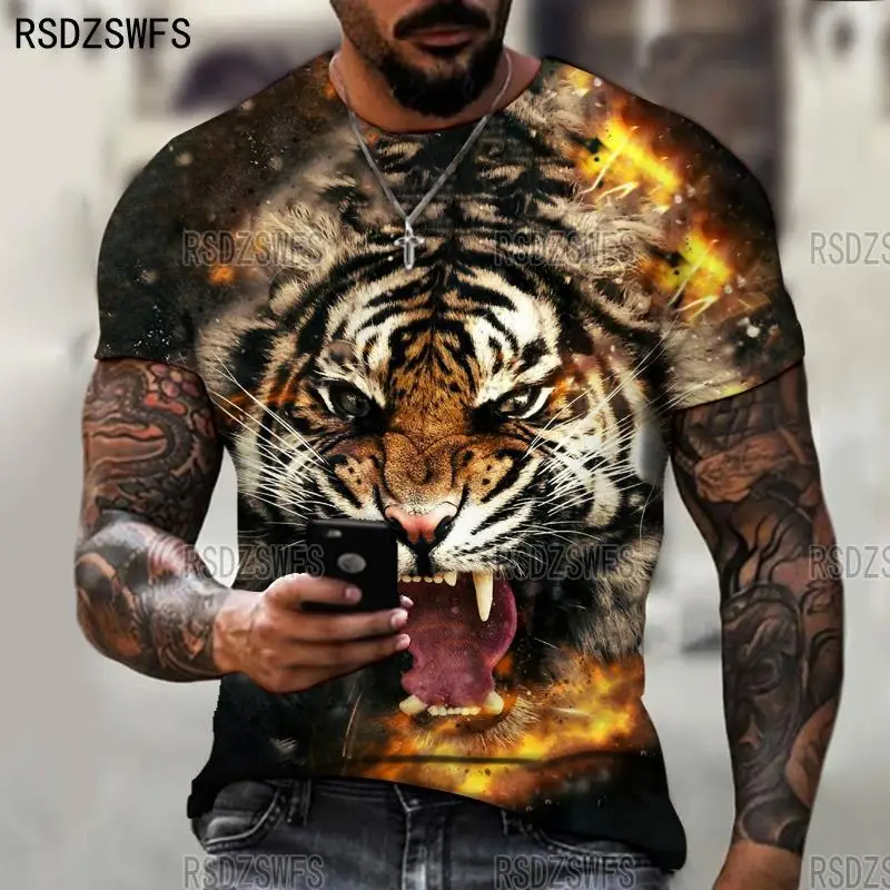 Fierce Tige Animal 3D Print Men\'s T-Shirt Summer Loose Round Neck Short Sleeve Oversized Male T-Shirts Tops Tees Men Clothing