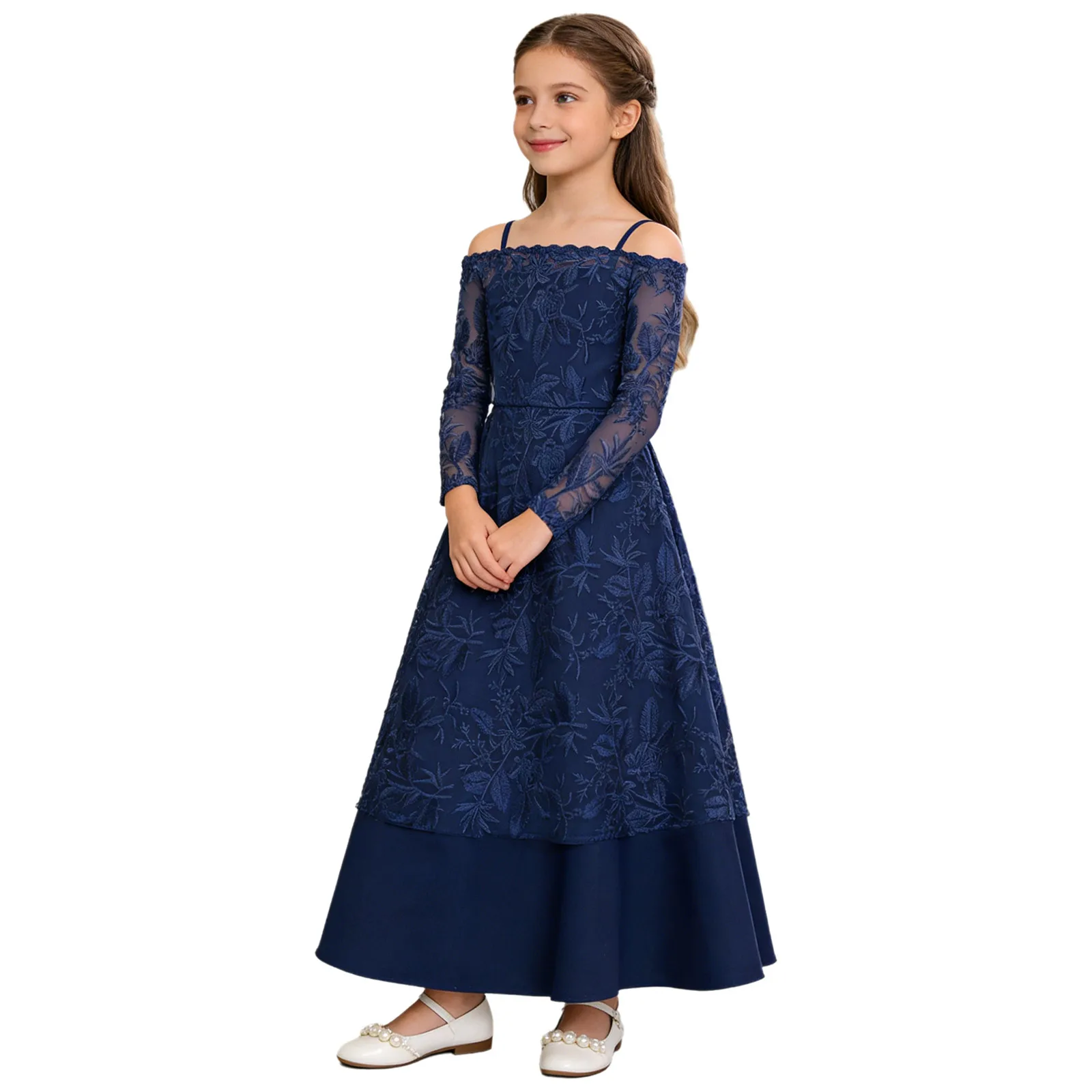 Kids Girls Bridesmaid Flower Girl Dress Embroidered Lace Cold Shoulder Maxi Dresses Gown for Wedding Birthday Pageant Party