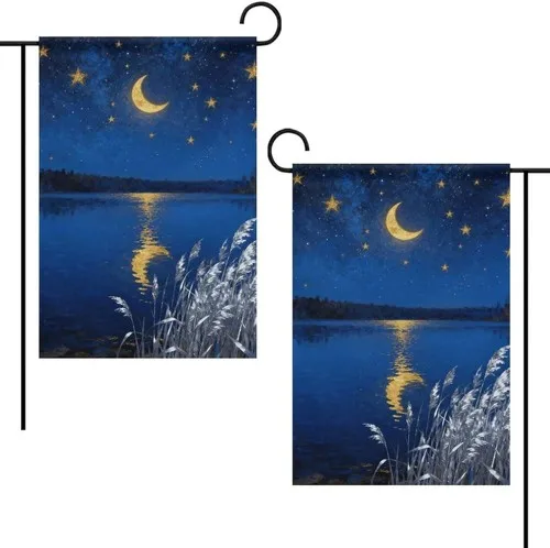 Starry Night Over Lake Garden Flag Double Sided Banner Home Yard House, 12x18