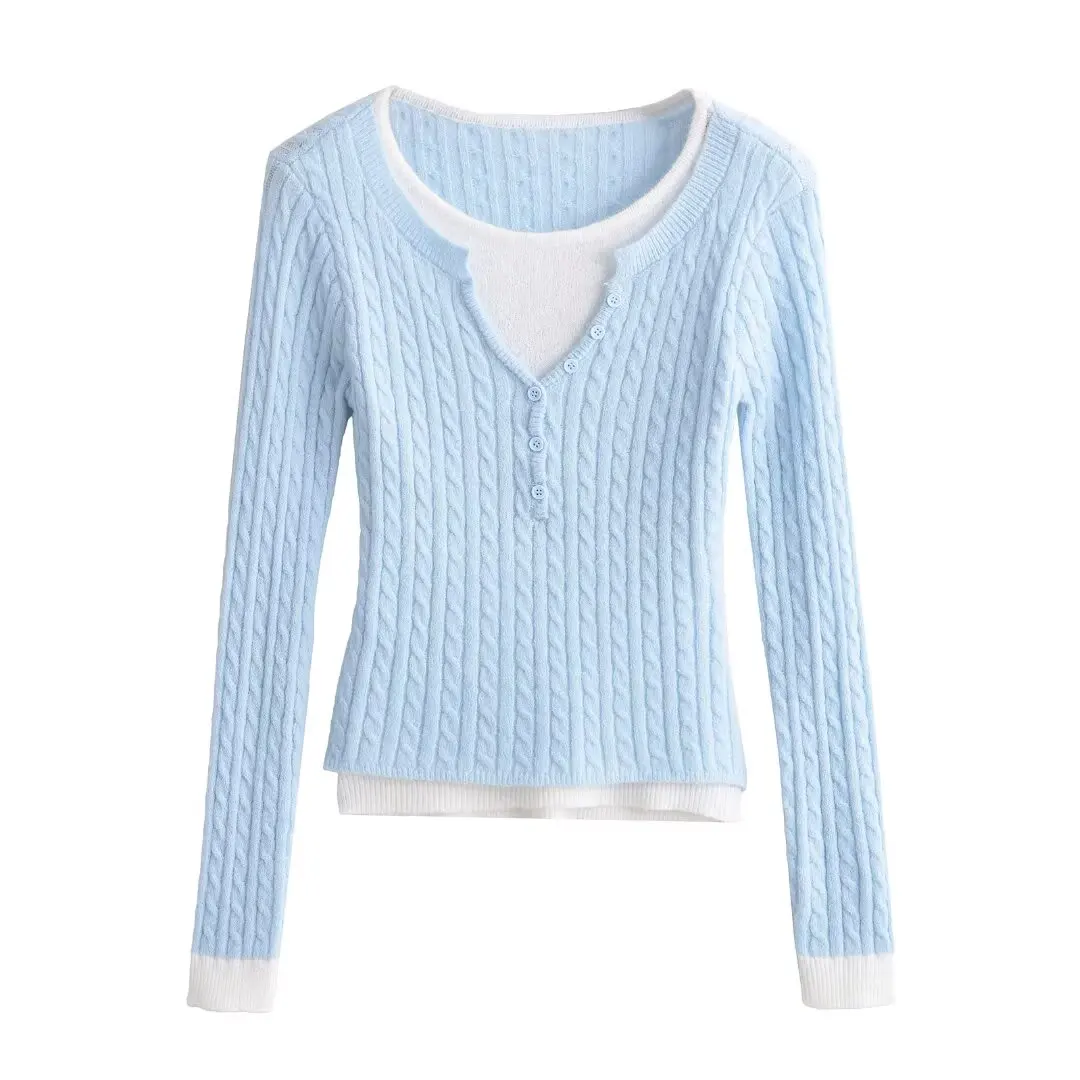 Maglione lavorato a maglia Sweet Sle da donna ort Sve Long Sve Twist Color Blo Fce ort Crop Top Slim Fit Strato base Lungo...