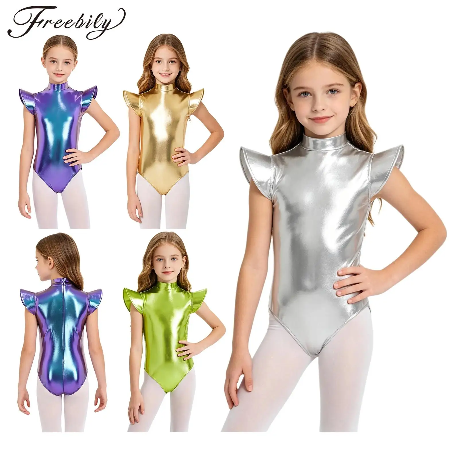 

Kids Girls Cap Sleeve Metallic Gymnastics Dance Leotard Mock Neck Back Invisible Zipper Robot Bodysuit Space Alien Costume