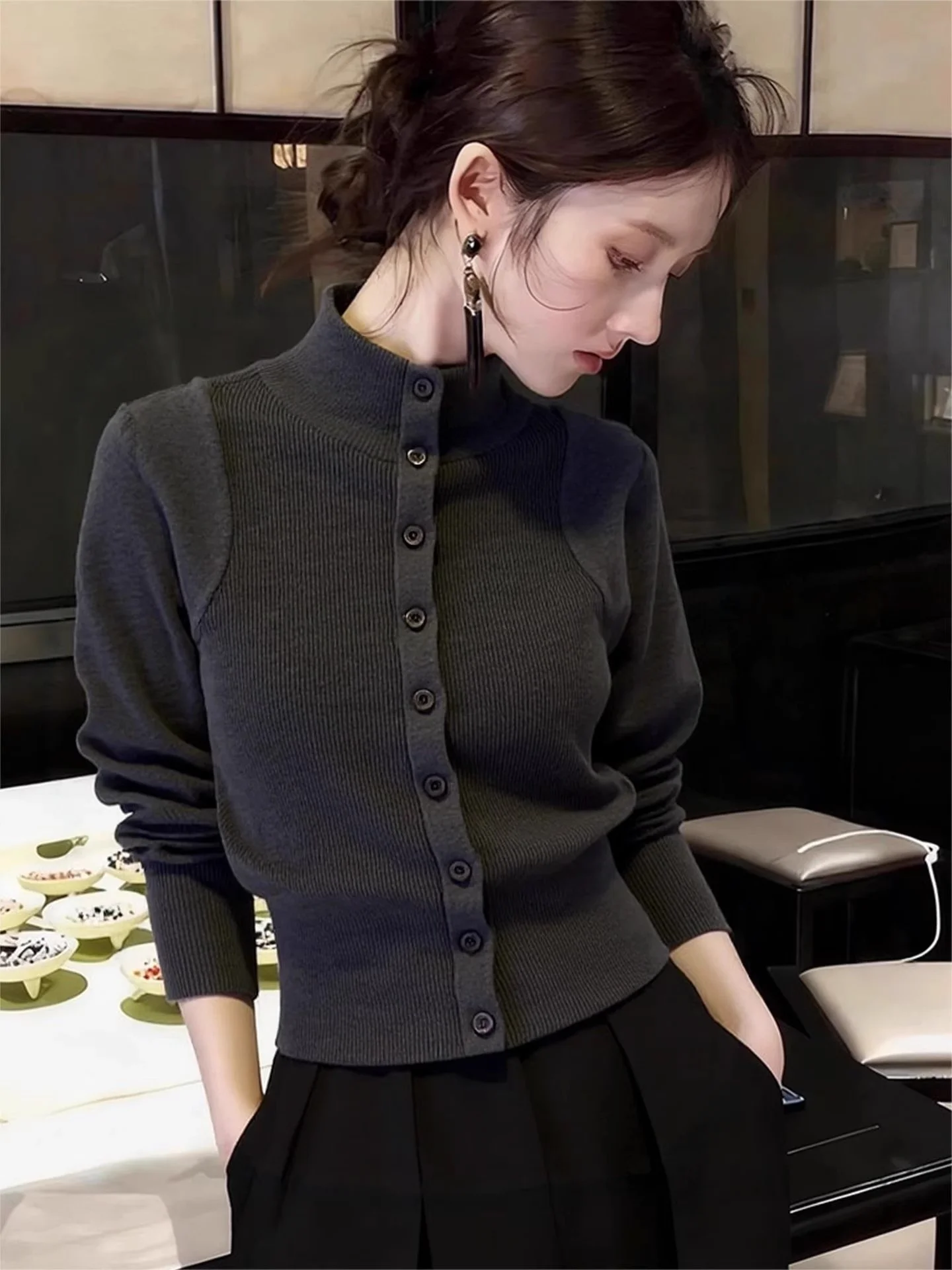 

Вязаный открытый кардиган с высоким воротником, женский облегающий длинный све, топ с завязкой на талии, осень-зима Faion Ele Sle