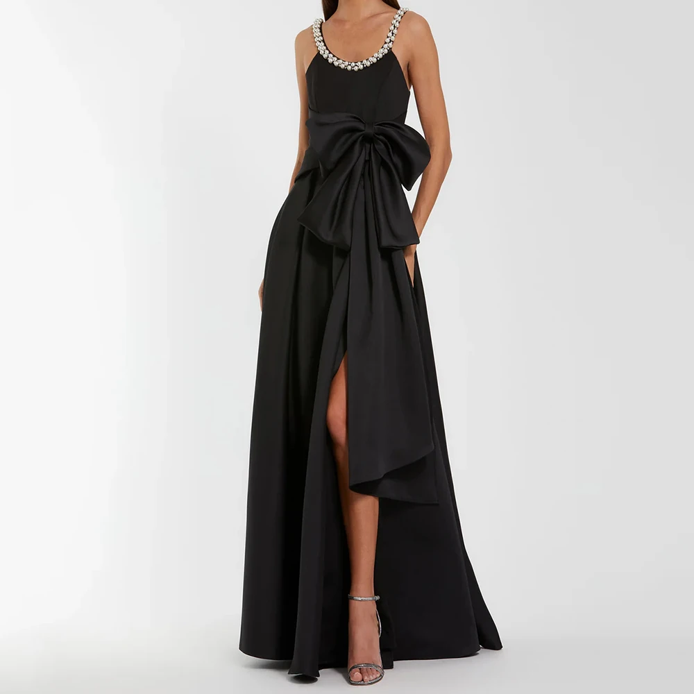 

Customized Black A-line Evening Dresses Fashion Scoop-neck Beading Prom Gown Floor-length Sleeveless Bow Draped Party Gown