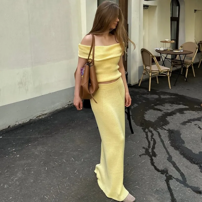 

Talenza Spring Long Skirt Two Piece Women's Elegant Sleeveless Knit Top Slit Long Dress Set Casual Female 2025 Long Dress Set