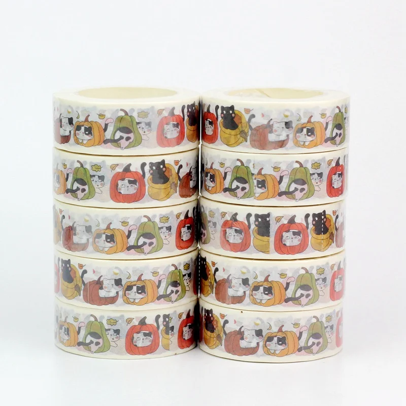 NEW 10PCS. Deco Cute Cat and Pumpkin Fall Washi Tapes for Gift Wrap Adhesive Masking Tape Cute Journal Stationery Supply