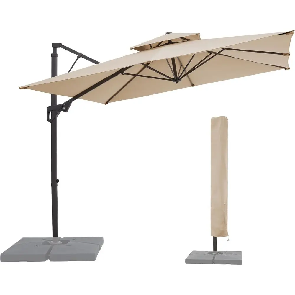 Close-up of crank system and height adjustment slide on cantilever umbrella frame