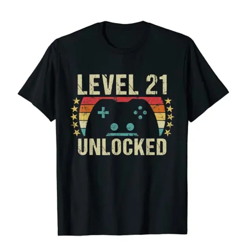 Men Clothing Vintage Tees Tops Level 21 Unlocked Funny Gaming Vintage 21st Birthday Gift 21 Year Old Boy Girl Gamer T-Shirt