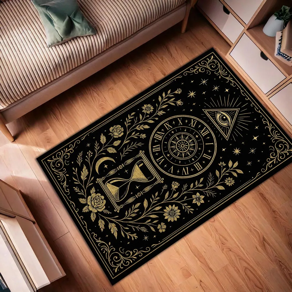 Rectangular Floor Mat Whimsical Witchy Theme Trio Glowing Green Toadstools Crescent Moon Starry Night Botanical Foliage