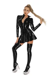 Minifalda plisada de látex con cremallera hueca para mujer, vestido ajustado de cuero de PVC húmedo, corte en A, cuello levantado
