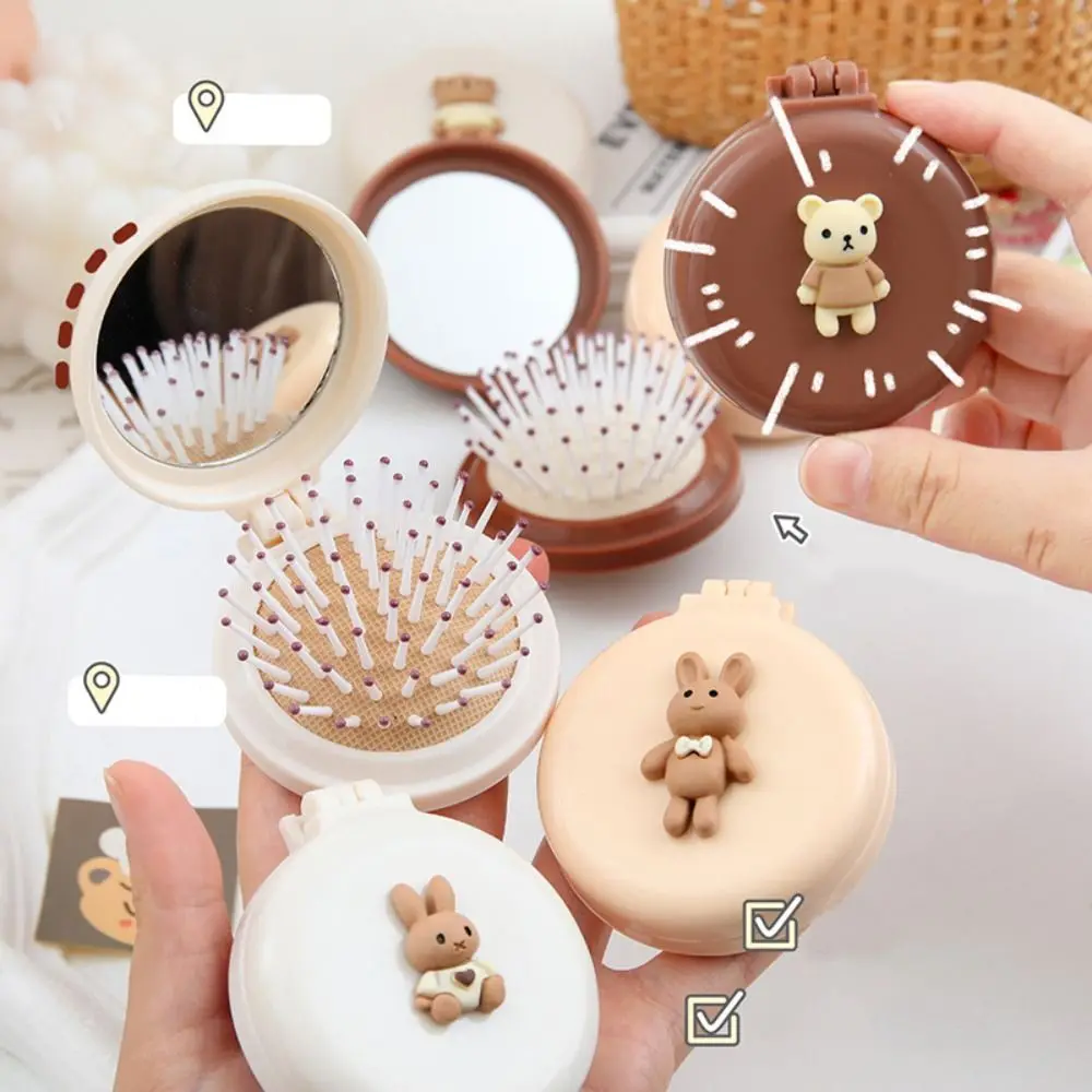 Rabbit Cartoon 2 in 1 Comb Mirror Set Bear Cartoon Animal Massage Comb with Mirror Lamb Pocket Mirror Mini Foldable Hair Brush