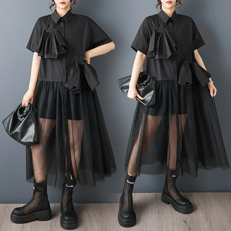 

Black Button Summer New Loose Large Size Mesh Splicing Casual Sweet Short Sleeve Shirt Dress Cotton Polyester Midi Dress