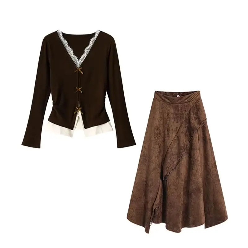 French Style Lace V-Neck Fake Two-Piece Knitted Sweater Irregular Half Skirt Spring Autumn Temperament Women's Two-Piece Set