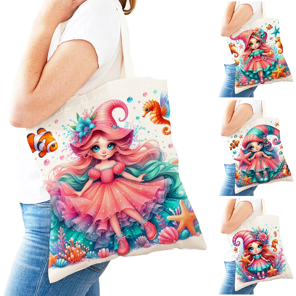 

Casual Cartoon Mermaid Princess Girl Shopping Bags Double Print Lady Shoulder Tote Reusable Women Shopper Bag Children Handbag